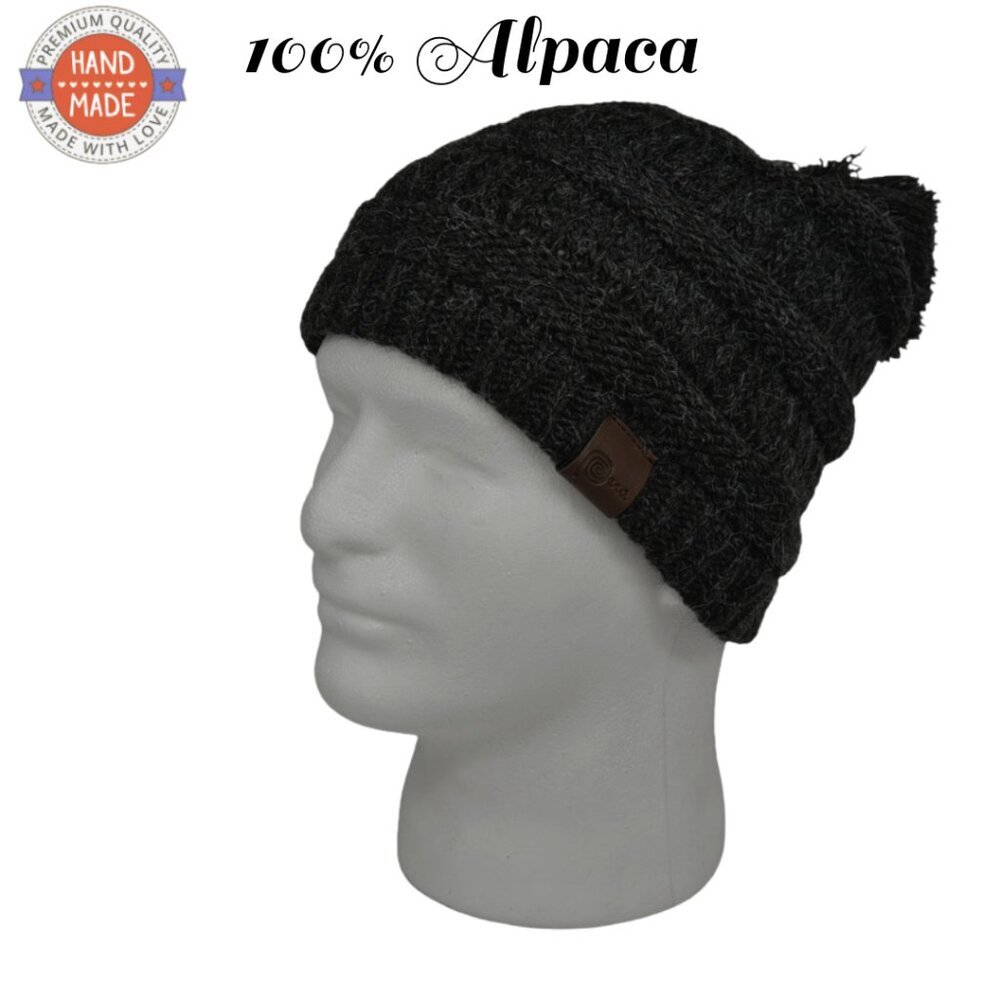 ALPACA HIGH QUALITY IMPORTED PERU Hand Knit Dark Charcoal Pom Pom Beanie NWT